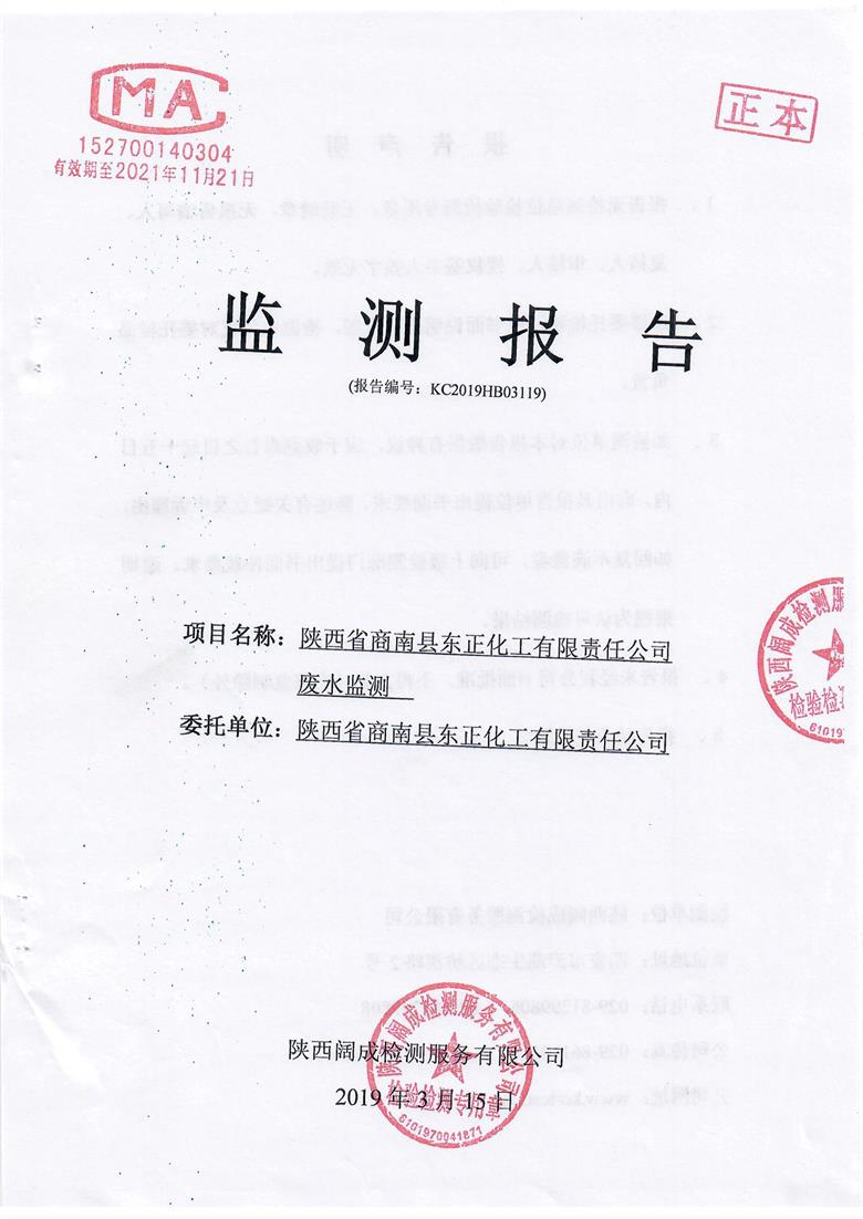 陕西省商南县东正化工有限责任公司废水检测报告